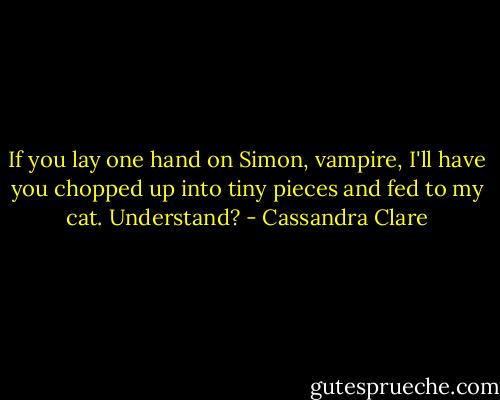 If you lay one hand on Simon, vampire, I'll have you chopped up into tiny pieces and fed to my cat. Understand? - Cassandra Clare