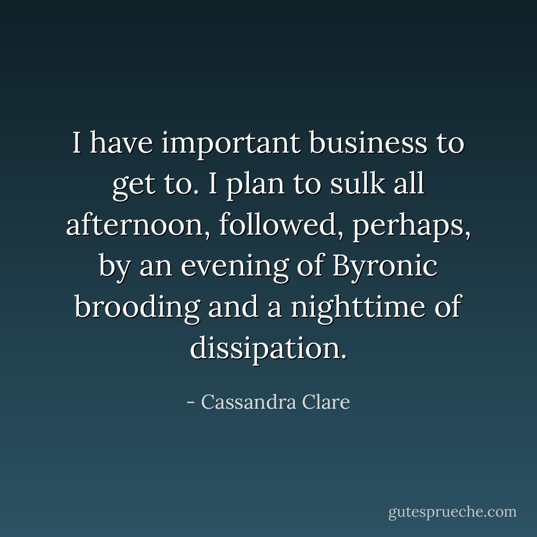 I have important business to get to. I plan to sulk all afternoon, followed, perhaps, by an evening of Byronic brooding and a nighttime of dissipation. - Cassandra Clare