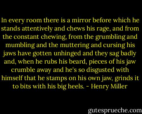In every room there is a mirror before which he stands attentively and chews his rage, and from the constant chewing, from the grumbling and mumbling and the muttering and cursing his jaws have gotten unhinged and they sag badly and, when he rubs his beard, pieces of his jaw crumble away and he's so disgusted with himself that he stamps on his own jaw, grinds it to bits with his big heels. - Henry Miller