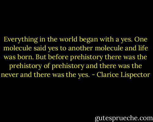 Everything in the world began with a yes. One molecule said yes to another molecule and life was born. But before prehistory there was the prehistory of prehistory and there was the never and there was the yes. - Clarice Lispector