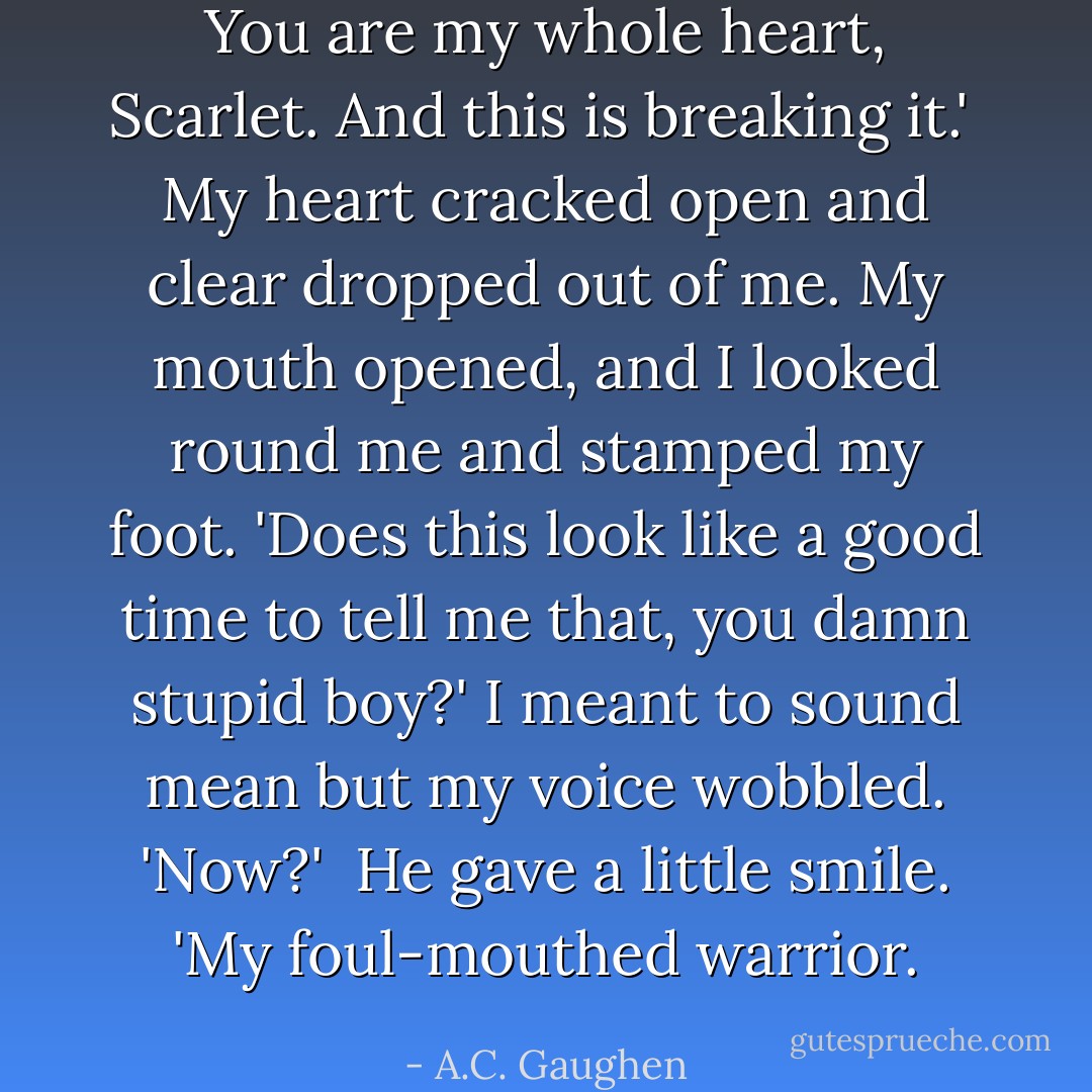 You are my whole heart, Scarlet. And this is breaking it.'<br /><br />My heart cracked open and clear dropped out of me. My mouth opened, and I looked round me and stamped my foot. 'Does this look like a good time to tell me that, you damn stupid boy?' I meant to sound mean but my voice wobbled. 'Now?'<br /><br />He gave a little smile. 'My foul-mouthed warrior. - A.C. Gaughen