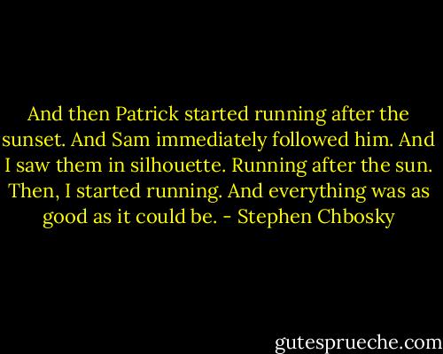 And then Patrick started running after the sunset. And Sam immediately followed him. And I saw them in silhouette. Running after the sun. Then, I started running.<br />And everything was as good as it could be. - Stephen Chbosky