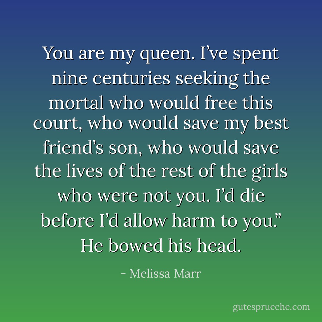 You are my queen. I’ve spent nine centuries seeking the mortal who would free this court, who would save my best friend’s son, who would save the lives of the rest of the girls who were not you. I’d die before I’d allow harm to you.” He bowed his head. - Melissa Marr
