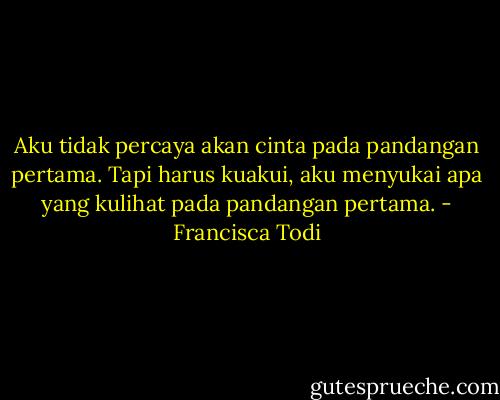 Aku tidak percaya akan cinta pada pandangan pertama. Tapi harus kuakui, aku menyukai apa yang kulihat pada pandangan pertama. - Francisca Todi