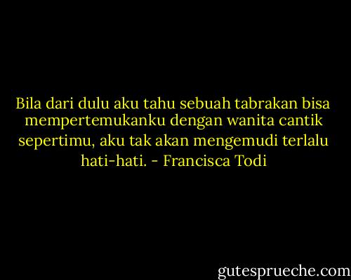 Bila dari dulu aku tahu sebuah tabrakan bisa mempertemukanku dengan wanita cantik sepertimu, aku tak akan mengemudi terlalu hati-hati. - Francisca Todi