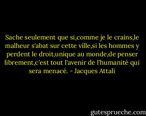 Sache seulement que si,comme je le crains,le malheur s'abat sur cette ville,si les hommes y perdent le droit,unique au monde,de penser librement,c'est tout l'avenir de l'humanité qui sera menacé. - Jacques Attali