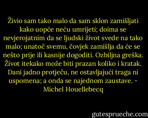 Živio sam tako malo da sam sklon zamišljati kako uopće neću umrijeti; doima se nevjerojatnim da se ljudski život svede na tako malo; unatoč svemu, čovjek zamišlja da će se nešto prije ili kasnije dogoditi. Ozbiljna greška. Život itekako može biti prazan koliko i kratak. Dani jadno protječu, ne ostavljajući traga ni uspomena; a onda se najednom zaustave. - Michel Houellebecq