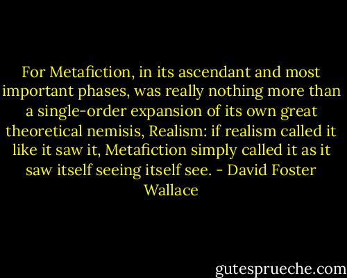 For Metafiction, in its ascendant and most important phases, was really nothing more than a single-order expansion of its own great theoretical nemisis, Realism: if realism called it like it saw it, Metafiction simply called it as it saw itself seeing itself see. - David Foster Wallace