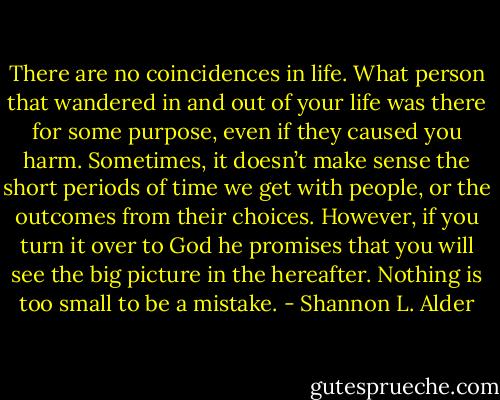 There are no coincidences in life. What person that wandered in and out of your life was there for some purpose, even if they caused you harm. Sometimes, it doesn’t make sense the short periods of time we get with people, or the outcomes from their choices. However, if you turn it over to God he promises that you will see the big picture in the hereafter. Nothing is too small to be a mistake. - Shannon L. Alder