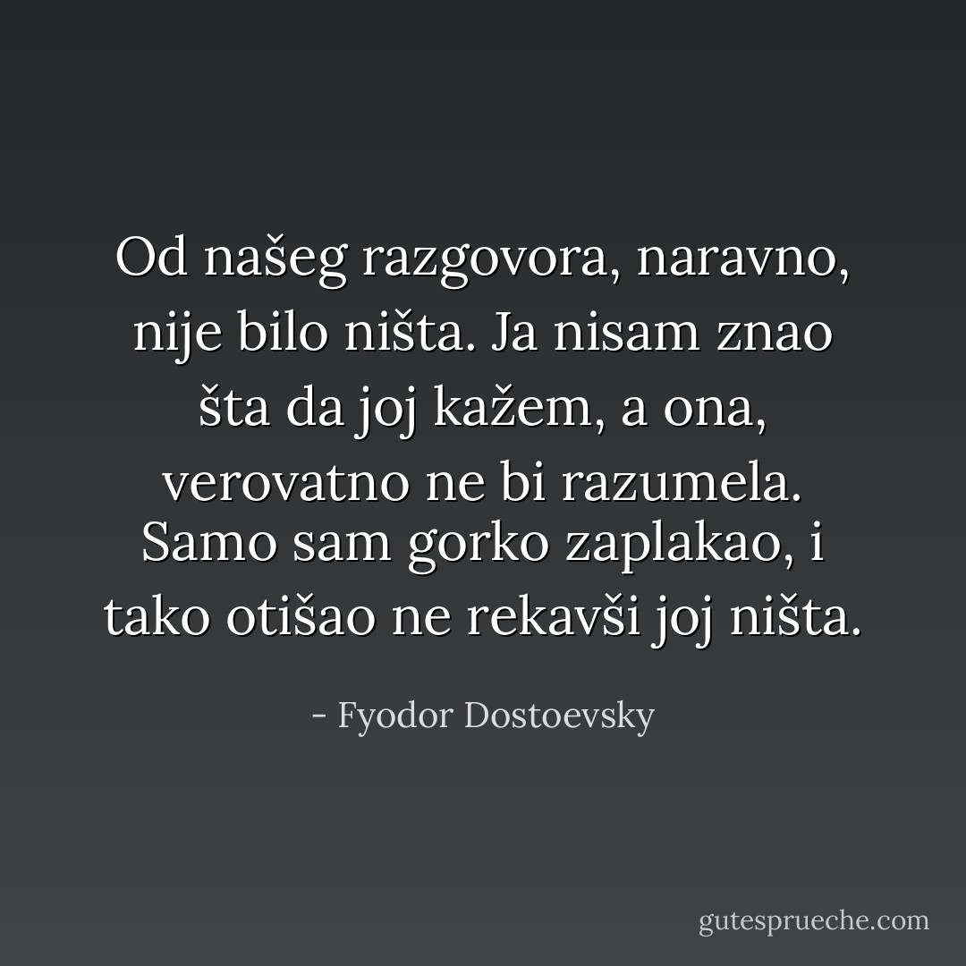 Od našeg razgovora, naravno, nije bilo ništa. Ja nisam znao šta da joj kažem, a ona, verovatno ne bi razumela. Samo sam gorko zaplakao, i tako otišao ne rekavši joj ništa. - Fyodor Dostoevsky
