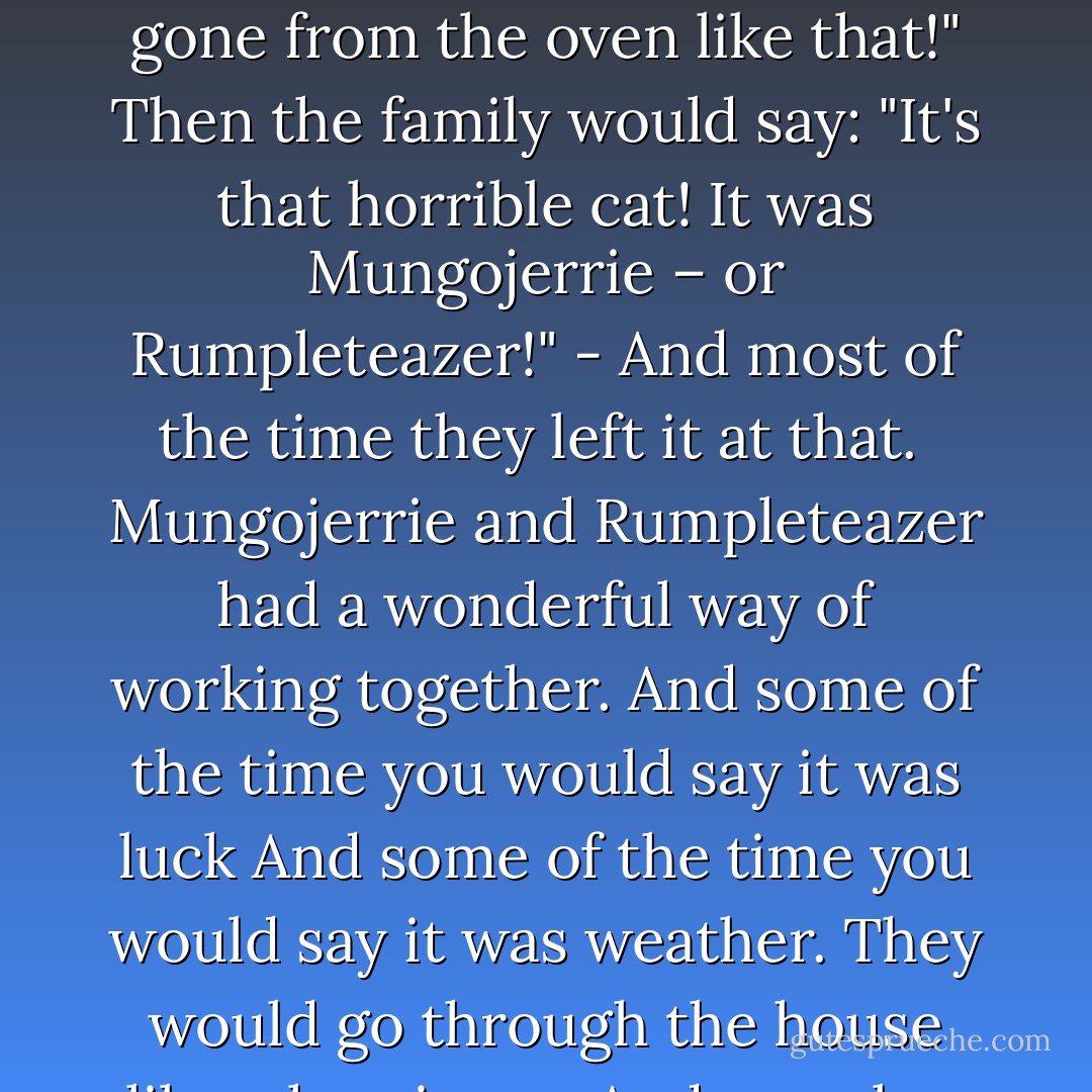 Mungojerrie and Rumpleteazer were a very notorious couple of cats.<br />As knockabout clowns, quick-change comedians,<br />Tight-rope walkers and acrobats<br />They had an extensive reputation.<br />[...]<br />When the family assembled for Sunday dinner,<br />With their minds made up that they wouldn’t get thinner<br />On Argentine joint, potatoes and greens,<br />And the cook would appear from behind the scenes<br />And say in a voice that was broken with sorrow<br />"I'm afraid you must wait and have dinner tomorrow!<br />For the joint has gone from the oven like that!"<br />Then the family would say: "It's that horrible cat!<br />It was Mungojerrie – or Rumpleteazer!" -<br />And most of the time they left it at that.<br /><br />Mungojerrie and Rumpleteazer had a wonderful way of working together.<br />And some of the time you would say it was luck<br />And some of the time you would say it was weather.<br />They would go through the house like a hurricane,<br />And no sober person could take his oath<br />Was it Mungojerrie – or Rumpleteazer?<br />Or could you have sworn that it mightn't be both?<br /><br />And when you heard a dining room smash<br />Or up from the pantry there came a loud crash<br />Or down from the library came a loud ping<br />From a vase which was commonly said to be Ming<br />Then the family would say: "Now which was which cat?<br />It was Mungojerrie! And Rumpleteazer!"<br />And there's nothing at all to be done about that! - T.S. Eliot