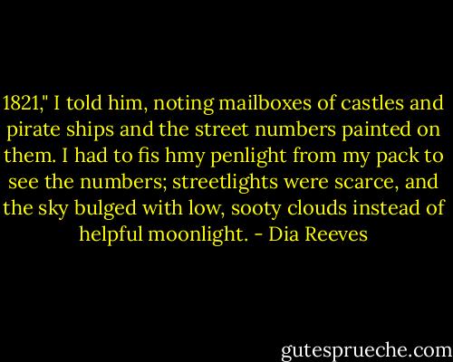 1821," I told him, noting mailboxes of castles and pirate ships and the street numbers painted on them. I had to fis hmy penlight from my pack to see the numbers; streetlights were scarce, and the sky bulged with low, sooty clouds instead of helpful moonlight. - Dia Reeves