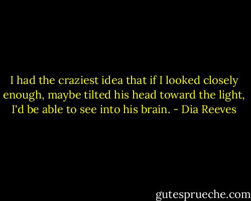 I had the craziest idea that if I looked closely enough, maybe tilted his head toward the light, I'd be able to see into his brain. - Dia Reeves