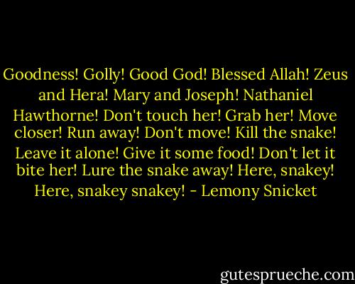 Goodness! Golly! Good God! Blessed Allah! Zeus and Hera! Mary and Joseph! Nathaniel Hawthorne! Don't touch her! Grab her! Move closer! Run away! Don't move! Kill the snake! Leave it alone! Give it some food! Don't let it bite her! Lure the snake away! Here, snakey! Here, snakey snakey! - Lemony Snicket