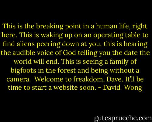 This is the breaking point in a human life, right here. This is waking up on an operating table to find aliens peering down at you, this is hearing the audible voice of God telling you the date the world will end. This is seeing a family of bigfoots in the forest and being without a camera.<br /><br />Welcome to freakdom, Dave. It’ll be time to start a website soon. - David  Wong