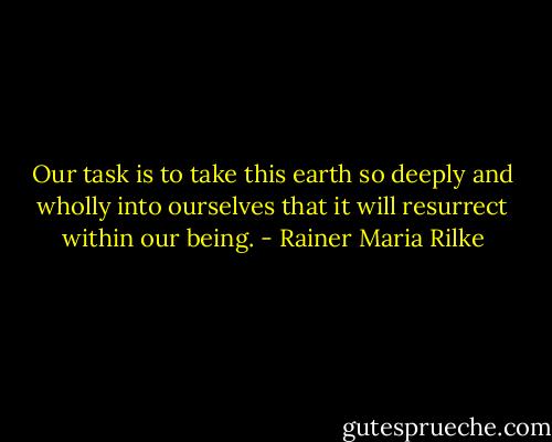 Our task is to take this earth so deeply and wholly into ourselves that it will resurrect within our being. - Rainer Maria Rilke