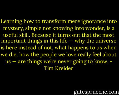 Learning how to transform mere ignorance into mystery, simple not knowing into wonder, is a useful skill. Because it turns out that the most important things in this life — why the universe is here instead of not, what happens to us when we die, how the people we love really feel about us — are things we’re never going to know. - Tim Kreider