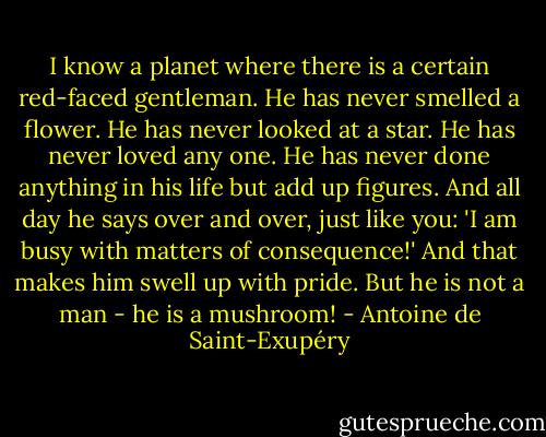 I know a planet where there is a certain red-faced gentleman. He has never smelled a flower. He has never looked at a star. He has never loved any one. He has never done anything in his life but add up figures. And all day he says over and over, just like you: 'I am busy with matters of consequence!' And that makes him swell up with pride. But he is not a man - he is a mushroom! - Antoine de Saint-Exupéry