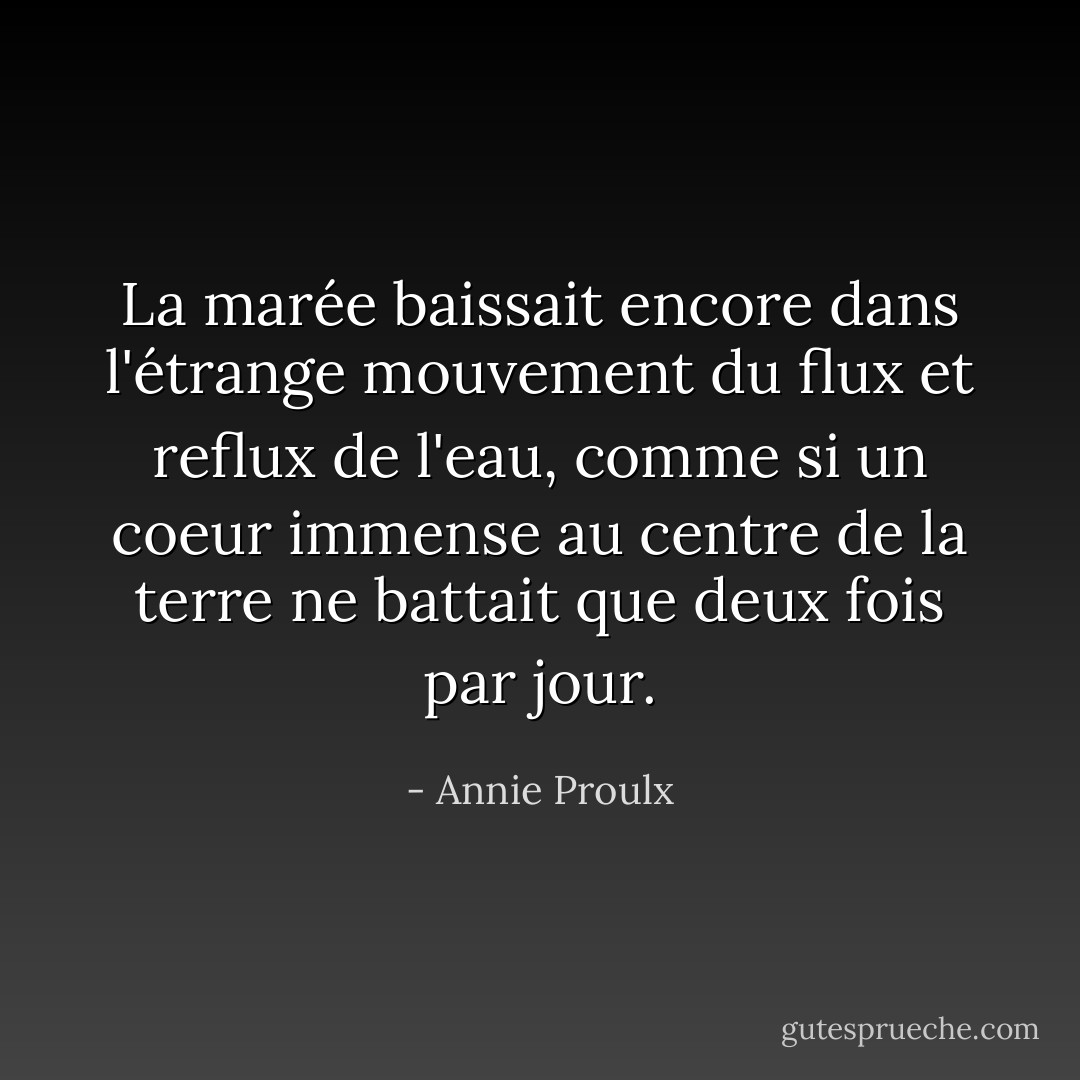 La marée baissait encore dans l'étrange mouvement du flux et reflux de l'eau, comme si un coeur immense au centre de la terre ne battait que deux fois par jour. - Annie Proulx