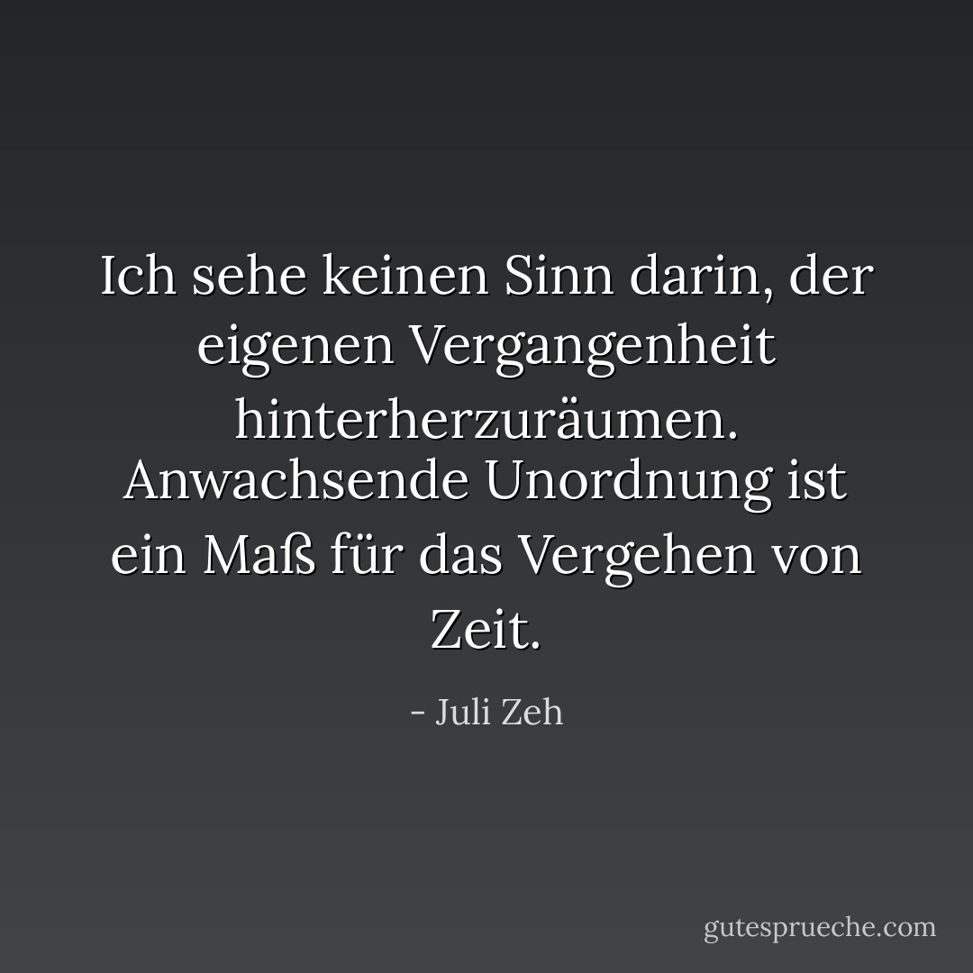 Ich sehe keinen Sinn darin, der eigenen Vergangenheit hinterherzuräumen. Anwachsende Unordnung ist ein Maß für das Vergehen von Zeit. - Juli Zeh