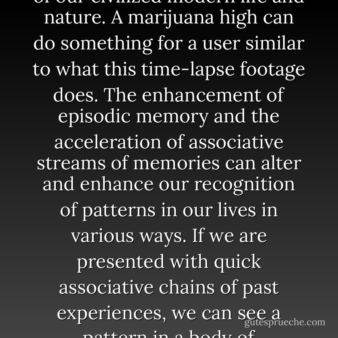 The movie Koyaanisqatsi shows non-commented time-lapse footage and focuses our attention on the very rhythm of our civilized modern life and nature. A marijuana high can do something for a user similar to what this time-lapse footage does. The enhancement of episodic memory and the acceleration of associative streams of memories can alter and enhance our recognition of patterns in our lives in various ways. If we are presented with quick associative chains of past experiences, we can see a pattern in a body of information that is usually not at once presented to our “inner eye” as such. - Sebastian Marincolo