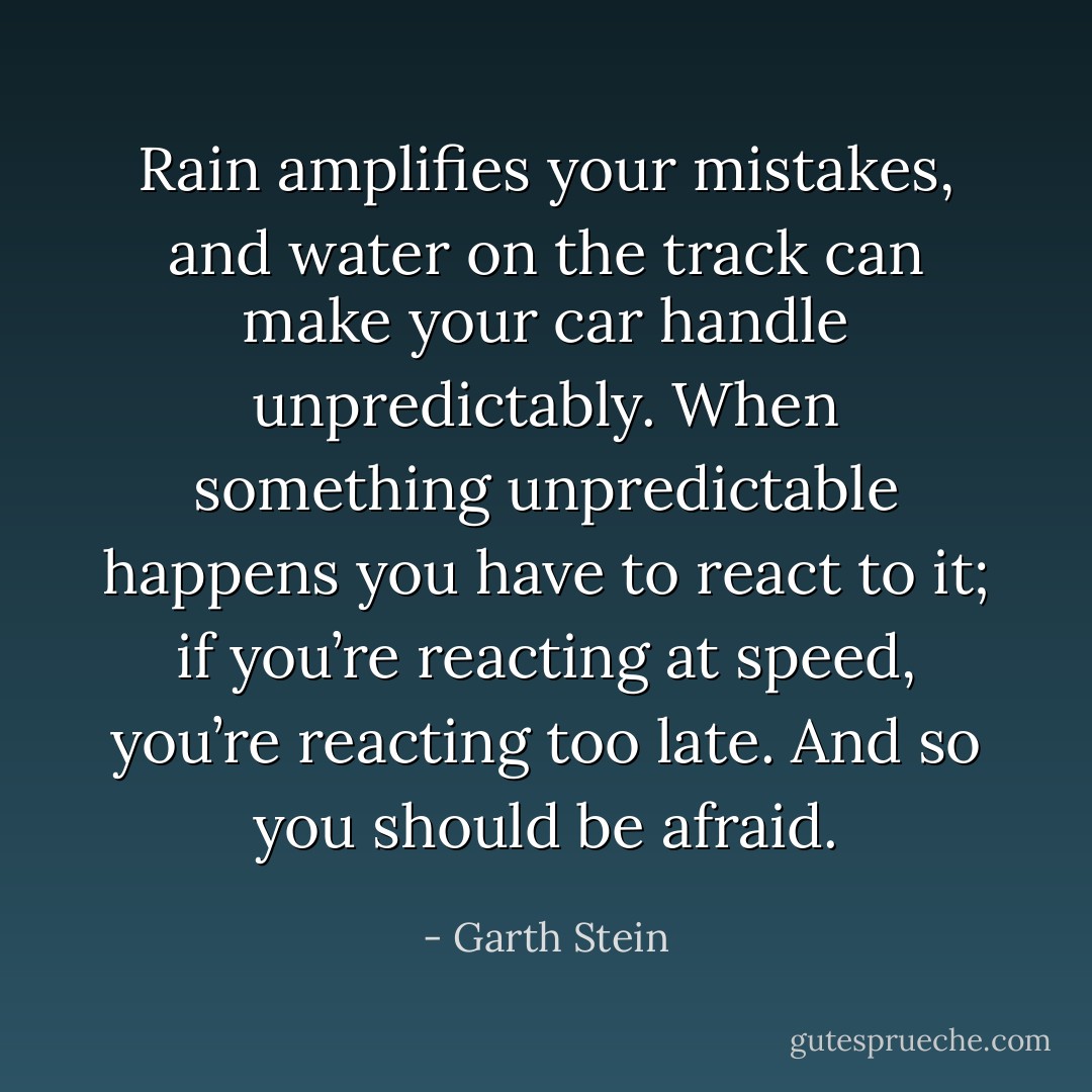 Rain amplifies your mistakes, and water on the track can make your car handle unpredictably. When something unpredictable happens you have to react to it; if you’re reacting at speed, you’re reacting too late. And so you should be afraid. - Garth Stein