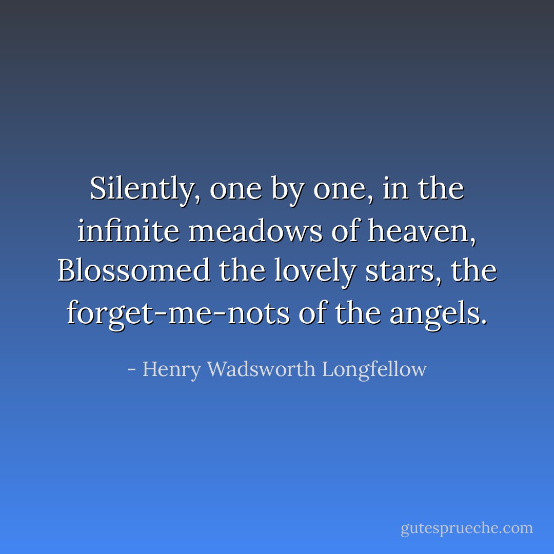 Silently, one by one, in the infinite meadows of heaven,<br />Blossomed the lovely stars, the forget-me-nots of the angels. - Henry Wadsworth Longfellow