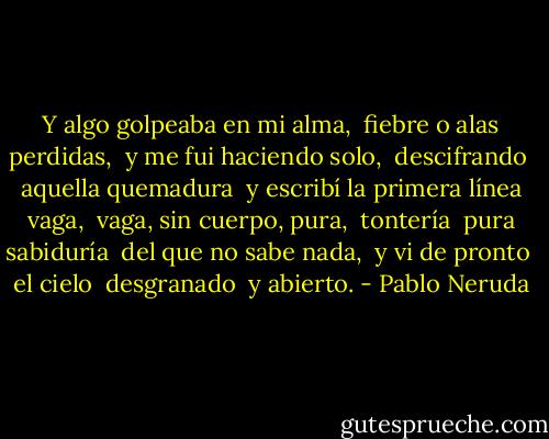Y algo golpeaba en mi alma, <br />fiebre o alas perdidas, <br />y me fui haciendo solo, <br />descifrando <br />aquella quemadura <br />y escribí la primera línea vaga, <br />vaga, sin cuerpo, pura, <br />tontería <br />pura sabiduría <br />del que no sabe nada, <br />y vi de pronto <br />el cielo <br />desgranado <br />y abierto. - Pablo Neruda