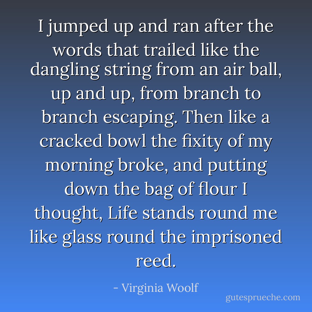 I jumped up and ran after the words that trailed like the dangling string from an air ball, up and up, from branch to branch escaping. Then like a cracked bowl the fixity of my morning broke, and putting down the bag of flour I thought, Life stands round me like glass round the imprisoned reed. - Virginia Woolf