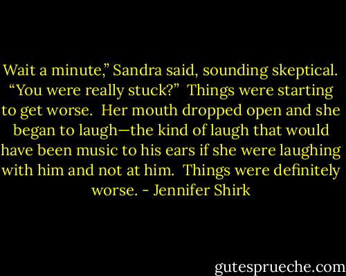 Wait a minute,” Sandra said, sounding skeptical. “You were really stuck?”<br /><br />Things were starting to get worse.<br /><br />Her mouth dropped open and she began to laugh—the kind of laugh that would have been music to his ears if she were laughing with him and not at him.<br /><br />Things were definitely worse. - Jennifer Shirk