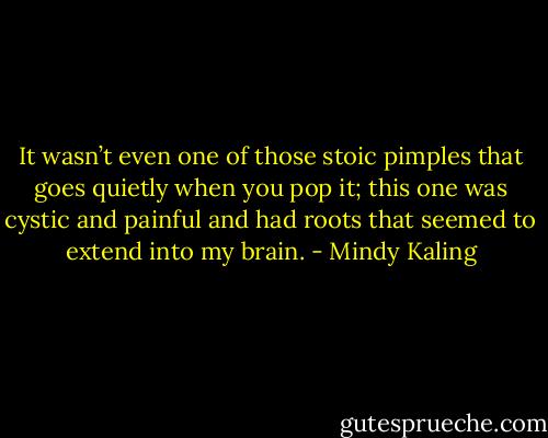It wasn’t even one of those stoic pimples that goes quietly when you pop it; this one was cystic and painful and had roots that seemed to extend into my brain. - Mindy Kaling