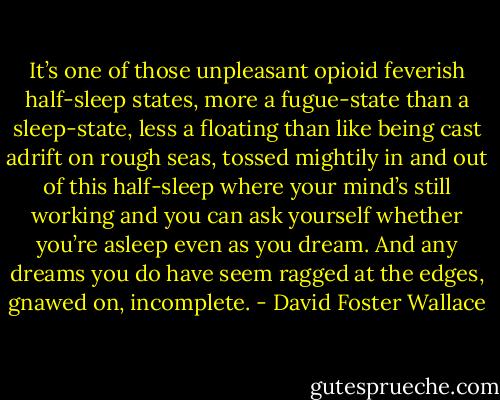 It’s one of those unpleasant opioid feverish half-sleep states, more a fugue-state than a sleep-state, less a floating than like being cast adrift on rough seas, tossed mightily in and out of this half-sleep where your mind’s<br />still working and you can ask yourself whether you’re asleep even as you dream. And any dreams you do have seem ragged at the edges, gnawed on, incomplete. - David Foster Wallace