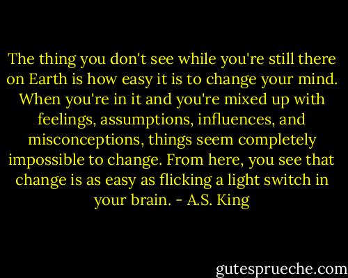 The thing you don't see while you're still there on Earth is how easy it is to change your mind. When you're in it and you're mixed up with feelings, assumptions, influences, and misconceptions, things seem completely impossible to change. From here, you see that change is as easy as flicking a light switch in your brain. - A.S. King