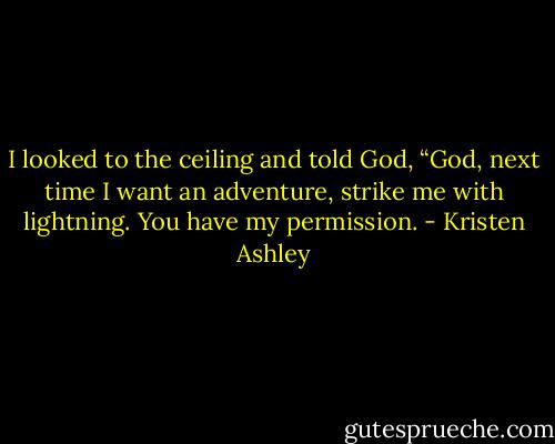 I looked to the ceiling and told God, “God, next time I want an adventure, strike me with lightning. You have my permission. - Kristen Ashley