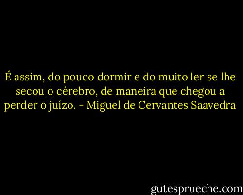 É assim, do pouco dormir e do muito ler se lhe secou o cérebro, de maneira que chegou a perder o juízo. - Miguel de Cervantes Saavedra