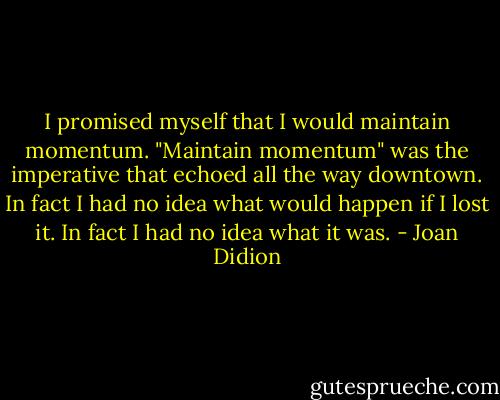I promised myself that I would maintain momentum.<br />"Maintain momentum" was the imperative that echoed all the way downtown.<br />In fact I had no idea what would happen if I lost it.<br />In fact I had no idea what it was. - Joan Didion