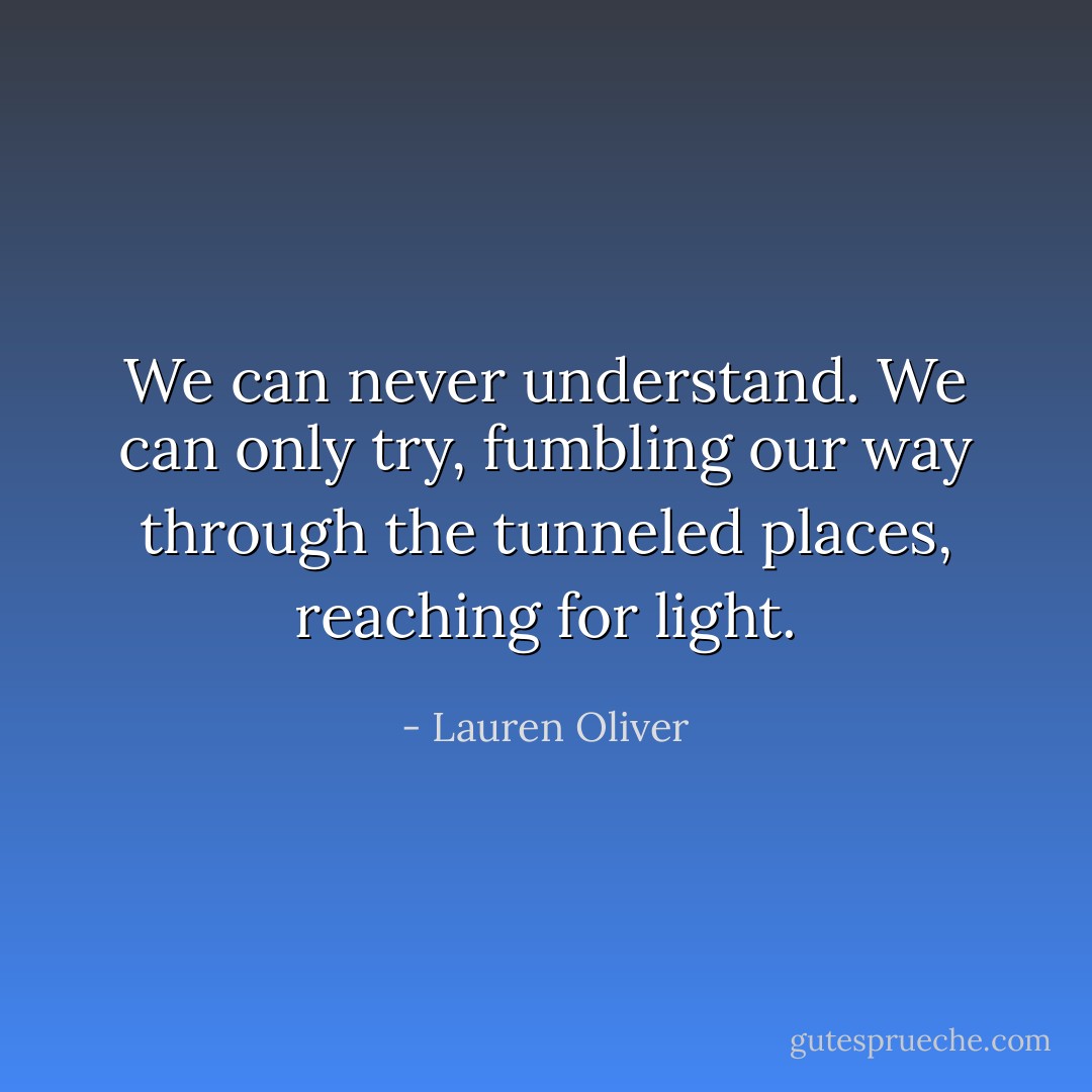 We can never understand. We can only try, fumbling our way through the tunneled places, reaching for light. - Lauren Oliver