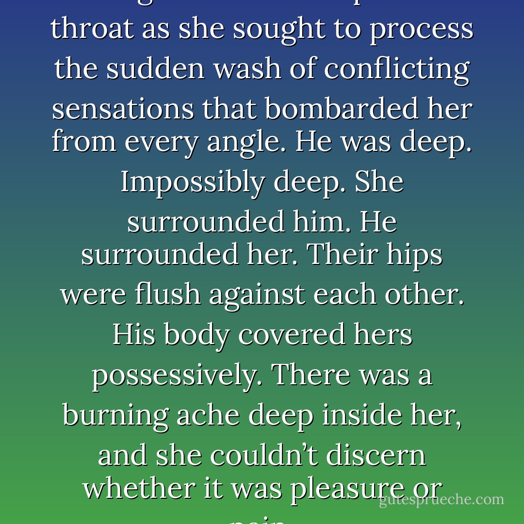 Her eyes widened and a strangled sound escaped her throat as she sought to process the sudden wash of conflicting sensations that bombarded her from every angle.<br />He was deep. Impossibly deep. She surrounded him. He surrounded her. Their hips were flush against each other. His body covered hers possessively. There was a burning ache deep inside her, and she couldn’t discern whether it was pleasure or pain. - Maya Banks