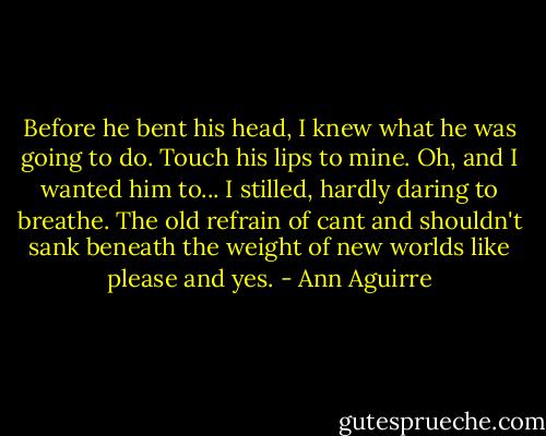 Before he bent his head, I knew what he was going to do. Touch his lips to mine. Oh, and I wanted him to... I stilled, hardly daring to breathe. The old refrain of cant and shouldn't sank beneath the weight of new worlds like please and yes. - Ann Aguirre