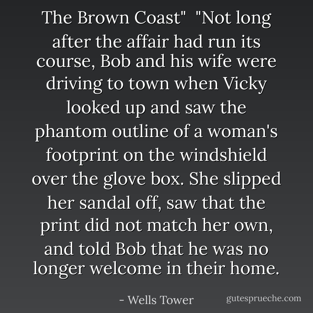 The Brown Coast"<br /><br />"Not long after the affair had run its course, Bob and his wife were driving to town when Vicky looked up and saw the phantom outline of a woman's footprint on the windshield over the glove box. She slipped her sandal off, saw that the print did not match her own, and told Bob that he was no longer welcome in their home. - Wells Tower