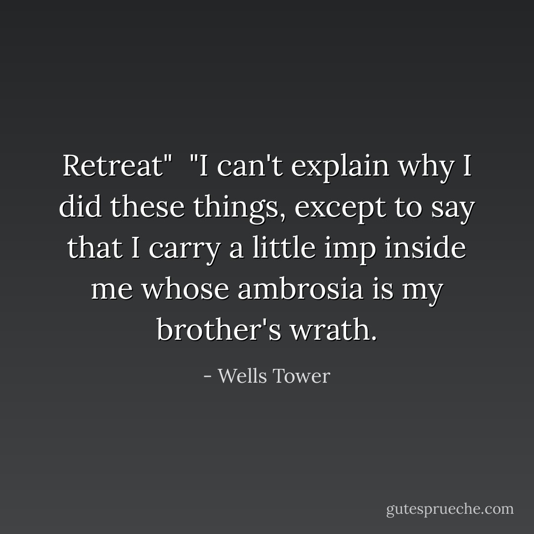 Retreat"<br /><br />"I can't explain why I did these things, except to say that I carry a little imp inside me whose ambrosia is my brother's wrath. - Wells Tower