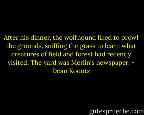 After his dinner, the wolfhound liked to prowl the grounds, sniffing the grass to learn what creatures of field and forest had recently visited. The yard was Merlin's newspaper. - Dean Koontz