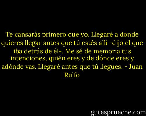 Te cansarás primero que yo. Llegaré a donde quieres llegar antes que tú estés allí -dijo el que iba detrás de él-. Me sé de memoria tus intenciones, quién eres y de dónde eres y adónde vas. Llegaré antes que tú llegues. - Juan Rulfo