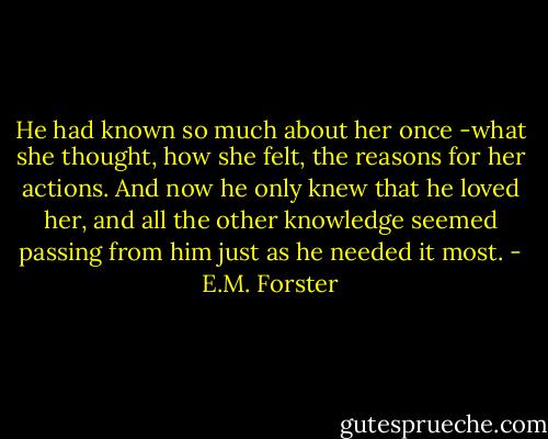 He had known so much about her once -what she thought, how she felt, the reasons for her actions. And now he only knew that he loved her, and all the other knowledge seemed passing from him just as he needed it most. - E.M. Forster