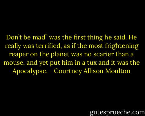 Don’t be mad” was the first thing he said. He really was terrified, as if the most frightening reaper on the planet was no scarier than a mouse, and yet put him in a tux and it was the Apocalypse. - Courtney Allison Moulton