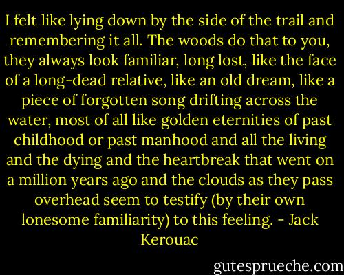 I felt like lying down by the side of the trail and remembering it all. The woods do that to you, they always look familiar, long lost, like the face of a long-dead relative, like an old dream, like a piece of forgotten song drifting across the water, most of all like golden eternities of past childhood or past manhood and all the living and the dying and the heartbreak that went on a million years ago and the clouds as they pass overhead seem to testify (by their own lonesome familiarity) to this feeling. - Jack Kerouac