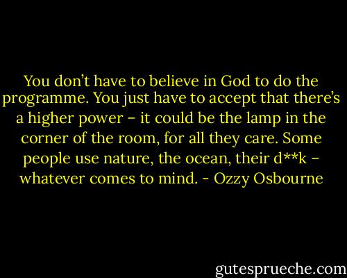 You don’t have to believe in God to do the programme. You just have to accept that there’s a higher power – it could be the lamp in the corner of the room, for all they care. Some people use nature, the ocean, their d**k – whatever comes to mind. - Ozzy Osbourne