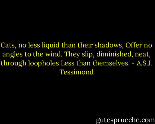 Cats, no less liquid than their shadows,<br />Offer no angles to the wind.<br />They slip, diminished, neat, through loopholes<br />Less than themselves. - A.S.J. Tessimond