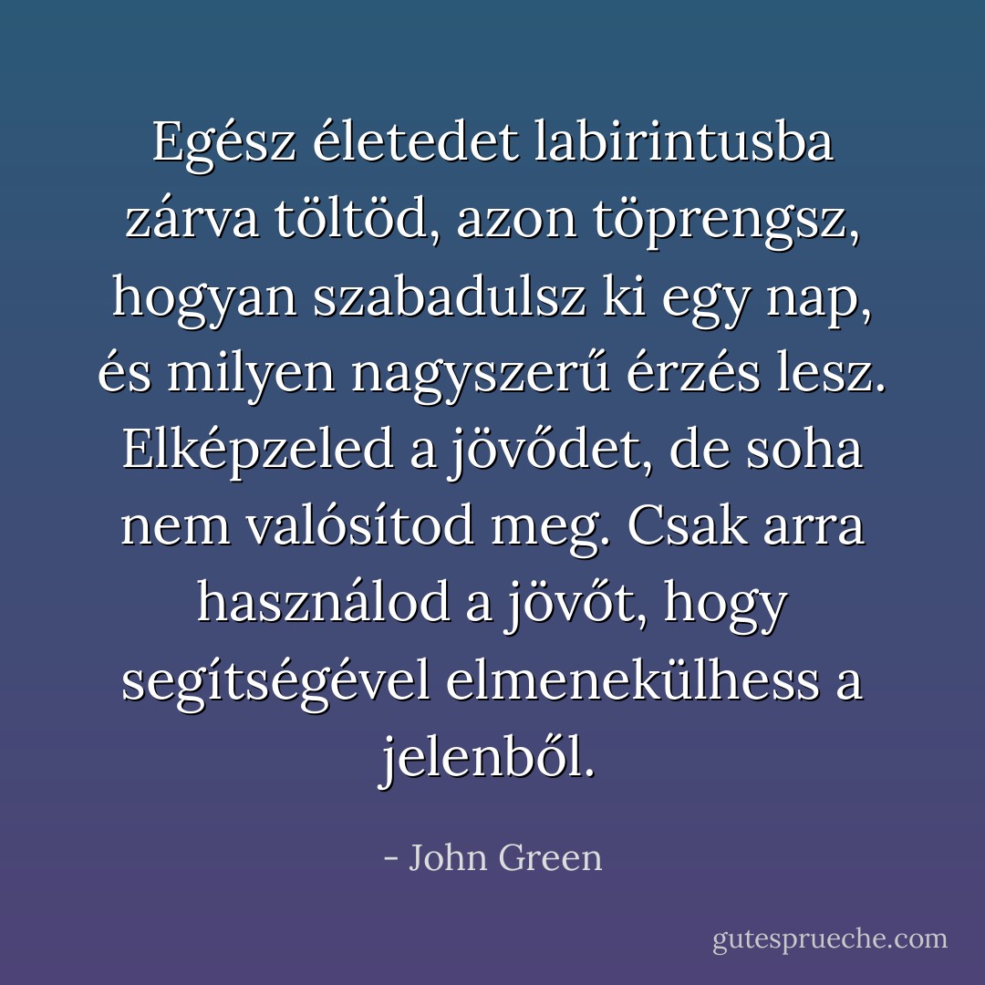 Egész életedet labirintusba zárva töltöd, azon töprengsz, hogyan szabadulsz ki egy nap, és milyen nagyszerű érzés lesz. Elképzeled a jövődet, de soha nem valósítod meg. Csak arra használod a jövőt, hogy segítségével elmenekülhess a jelenből. - John Green