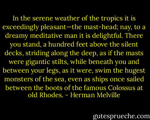 In the serene weather of the tropics it is exceedingly pleasant—the mast-head; nay, to a dreamy meditative man it is delightful. There you stand, a hundred feet above the silent decks, striding along the deep, as if the masts were gigantic stilts, while beneath you and between your legs, as it were, swim the hugest monsters of the sea, even as ships once sailed between the boots of the famous Colossus at old Rhodes. - Herman Melville